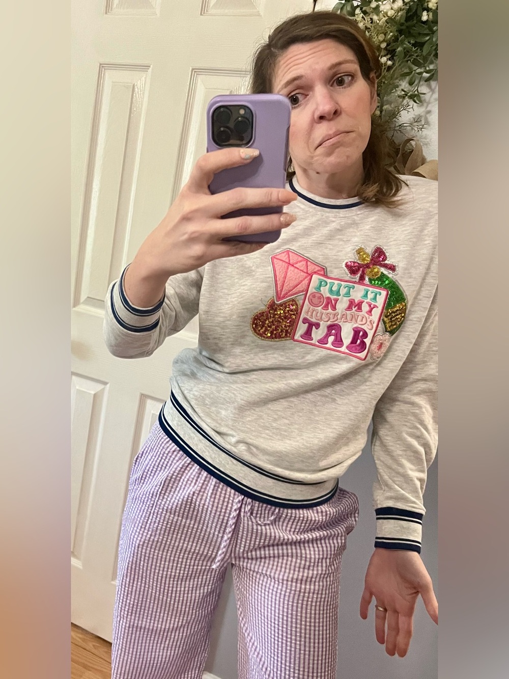 Simply Southern Light Gray Sweatshirt with Pink, Green & Gold Sequin Patch - Picture 7 of 7